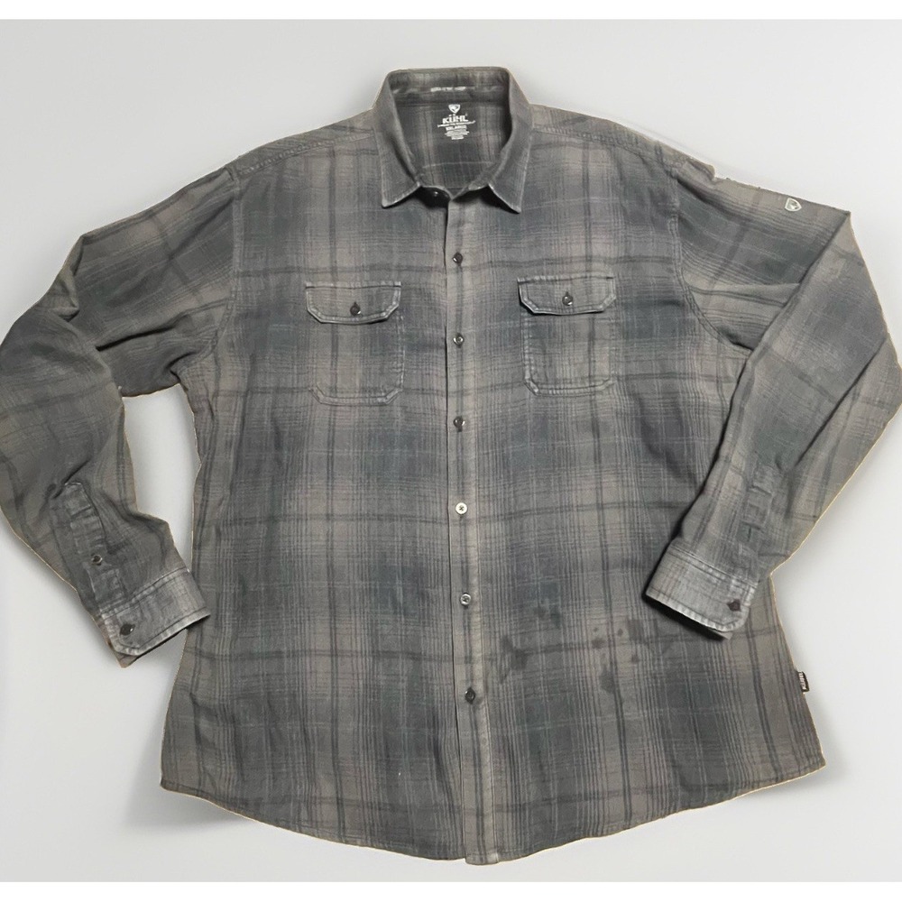 KUHL Mens Shirt XXL Gray Plaid Button Down Long Sleeve Outdoor Hiking Flawed